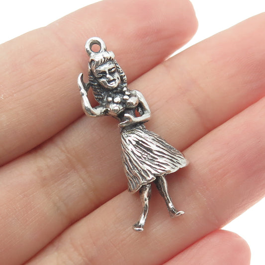 925 Sterling Silver Vintage Hawaiian Hula Dancer 3D Charm Pendant