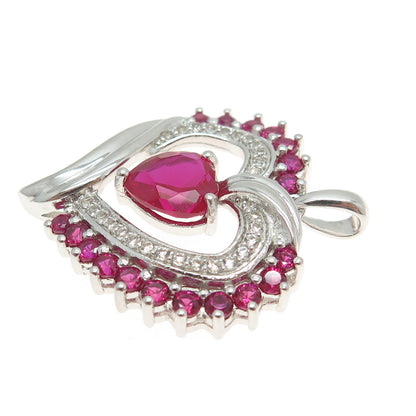 SAI 925 Sterling Silver Lab-Created Pink Sapphire Real White Topaz Heart Pendant