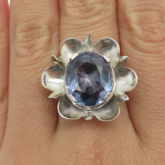 925 Sterling Silver Vintage Real Peacock Sapphire Gemstone Flower Ring Size 7.75