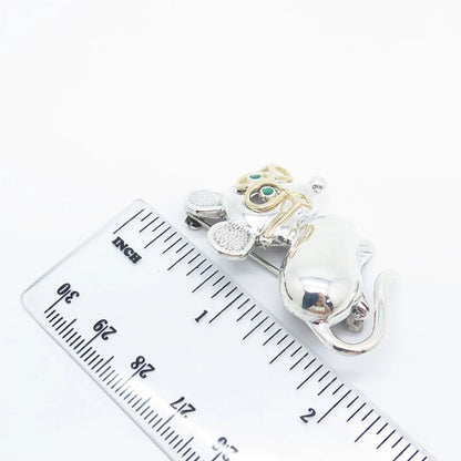 925 Sterling Silver / 14K Gold Vintage H&T Solow Emerald Gem Mouse Pin Brooch