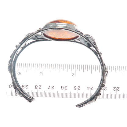 925 Sterling Silver Vintage Real Amber Floral Adjustable Oxidized Bracelet 7"