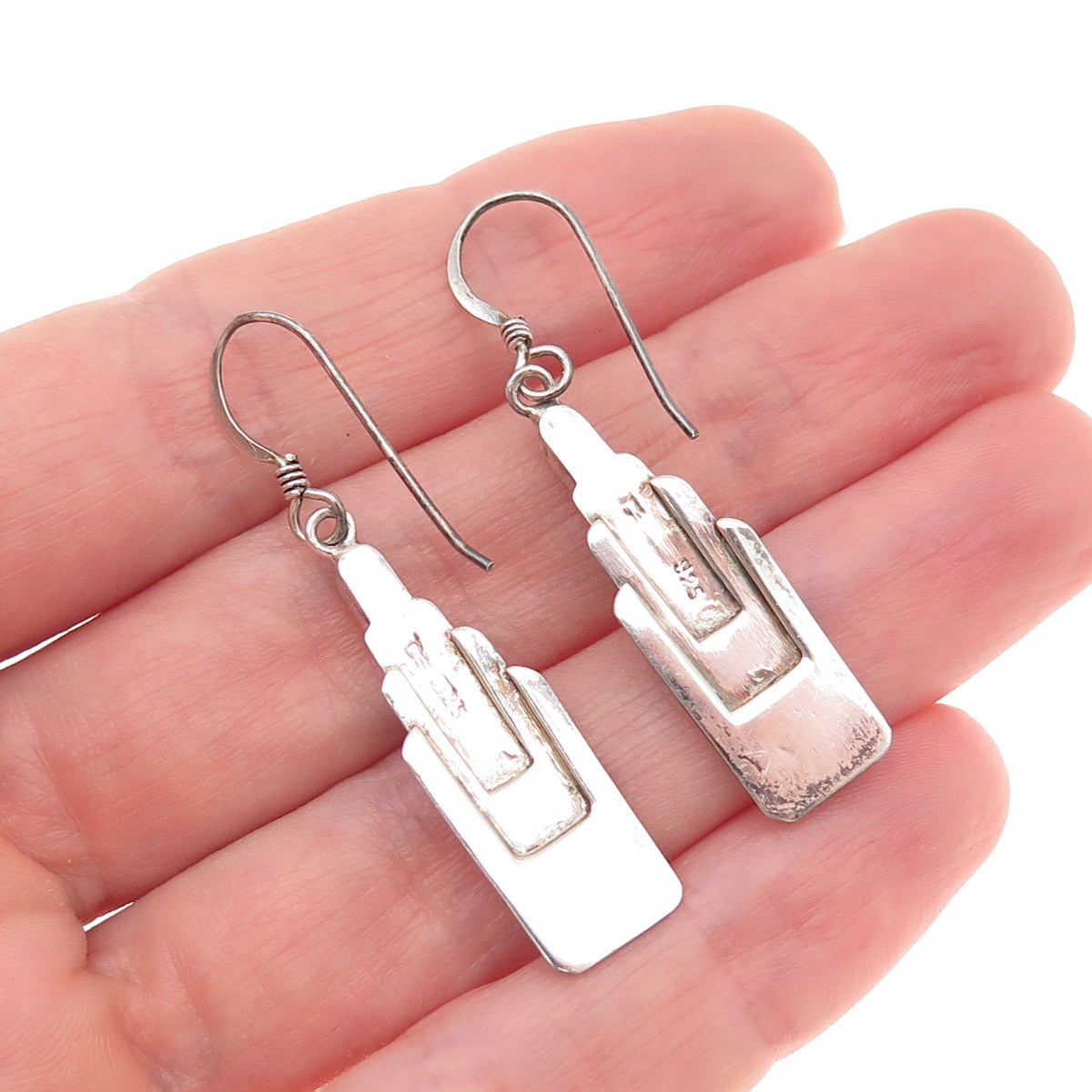 925 Sterling Silver Vintage Real Green Onyx Modernist Dangle Earrings