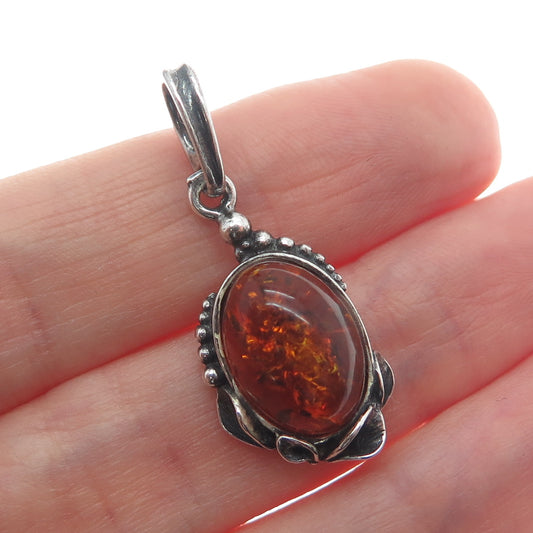 925 Sterling Silver Vintage Real Amber Floral Oxidized Minimalist Charm Pendant
