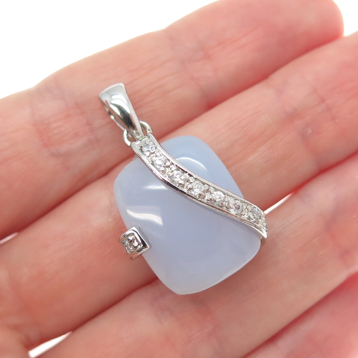 AK Aziz Kahili 925 Sterling Silver Real Chalcedony & Round-Cut C Z Charm Pendant