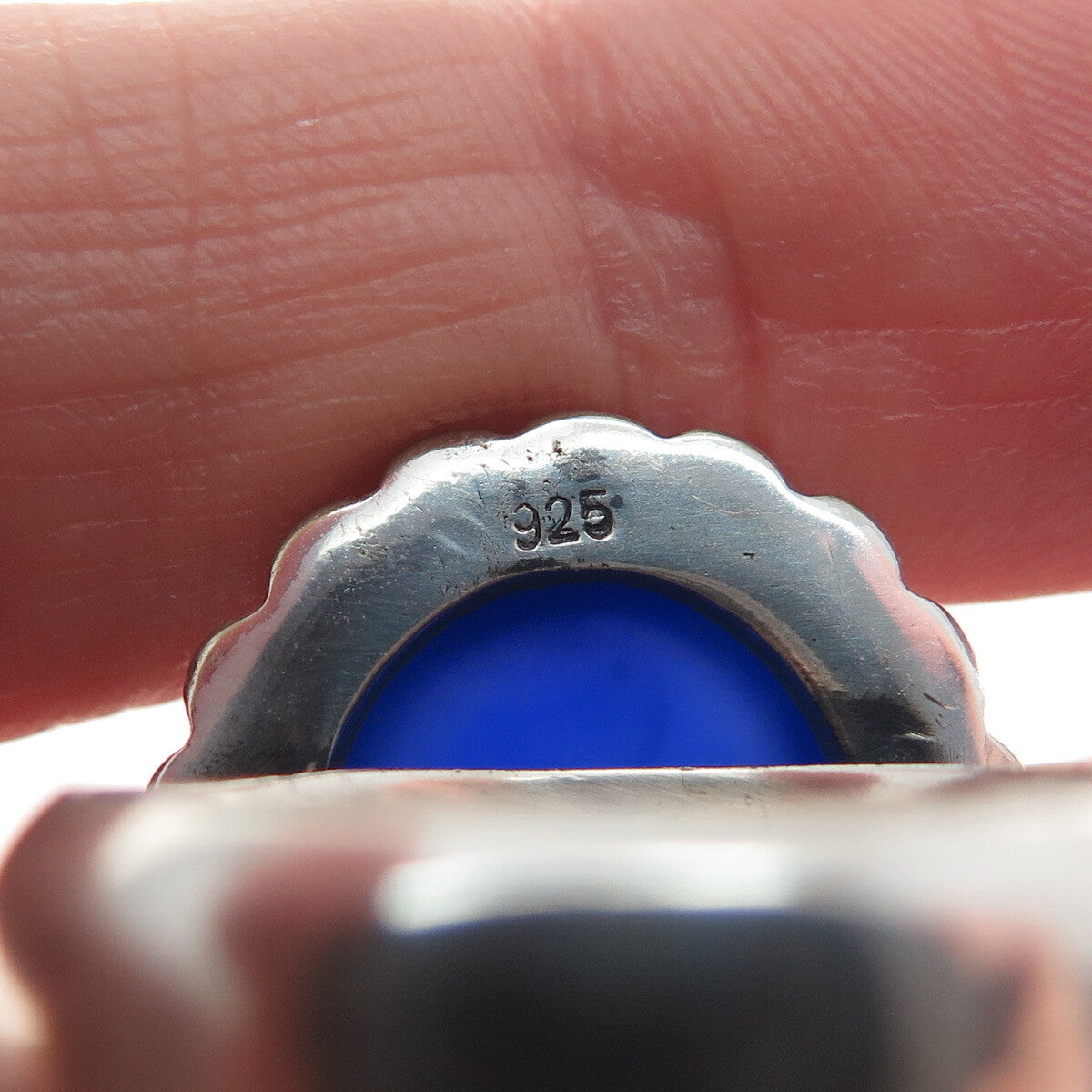 925 Sterling Silver Vintage Real Blue Chalcedony Flower Oxidized Ring Size 8.75