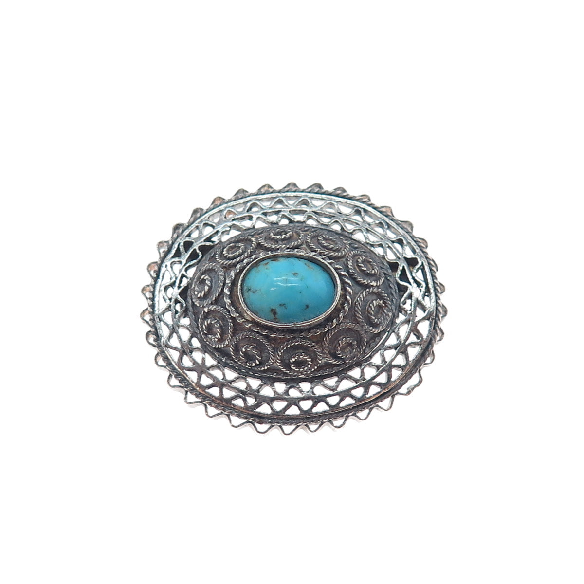 925 Sterling Silver Antique Art Deco Real Turquoise Filigree Oxidized Pin Brooch