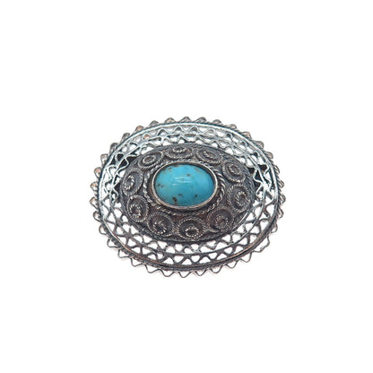 925 Sterling Silver Antique Art Deco Real Turquoise Filigree Oxidized Pin Brooch