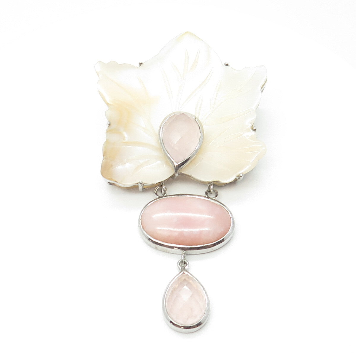 925 Sterling Silver Vintage Real MOP & Rose Quartz Floral Large Brooch Pendant