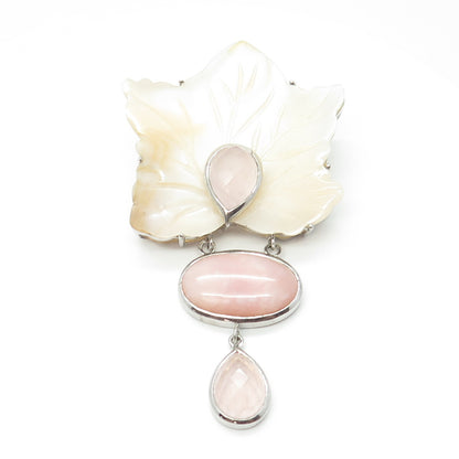 925 Sterling Silver Vintage Real MOP & Rose Quartz Floral Large Brooch Pendant
