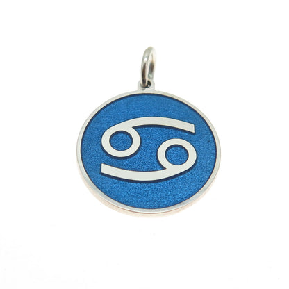 925 Sterling Silver Blue Enamel Cancer Zodiac Round Tag Minimalist Charm Pendant