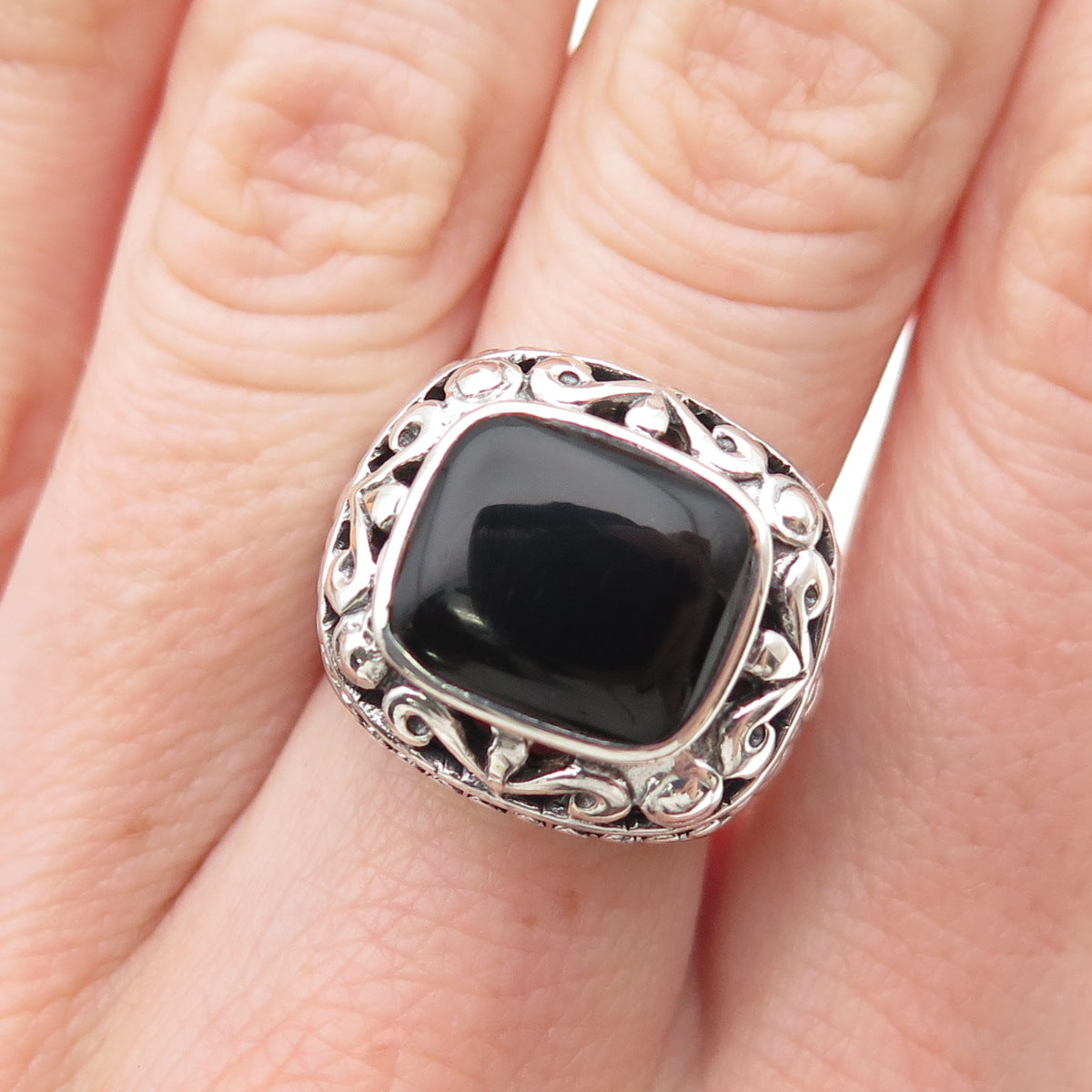 CHAPAL ZENRAY 925 Sterling Silver Vintage Real Black Onyx Oxidized Ring Size 6