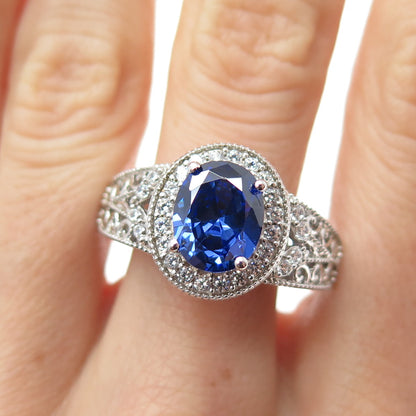 925 Sterling Silver Oval-Cut Blue & Round-Cut White C Z Ring Size 10.25