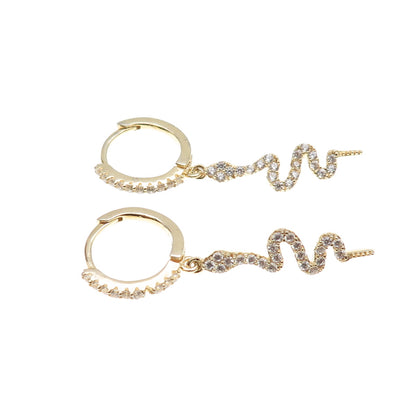 925 Sterling Silver Gold Plated Round-Cut C Z Snake Dangle Hoop Earrings
