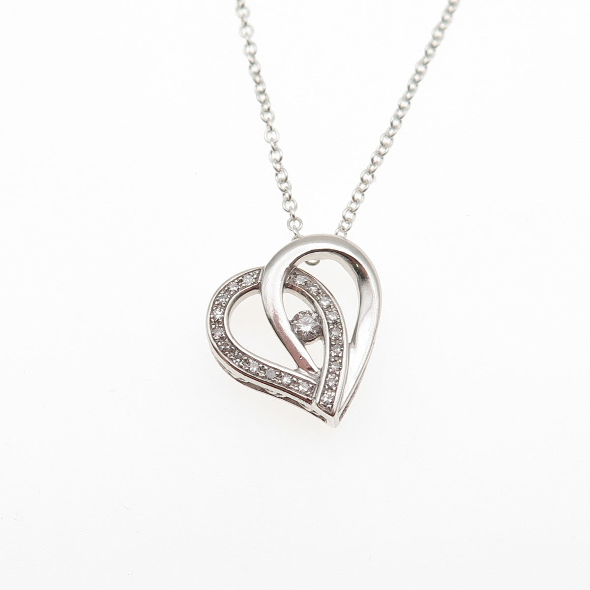 925 Sterling Silver Real Round-Cut Diamond Heart Cable Chain Necklace 18"