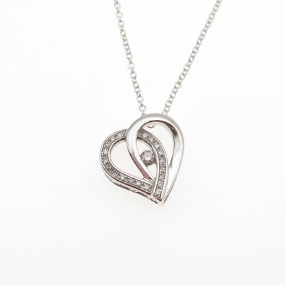 925 Sterling Silver Real Round-Cut Diamond Heart Cable Chain Necklace 18"