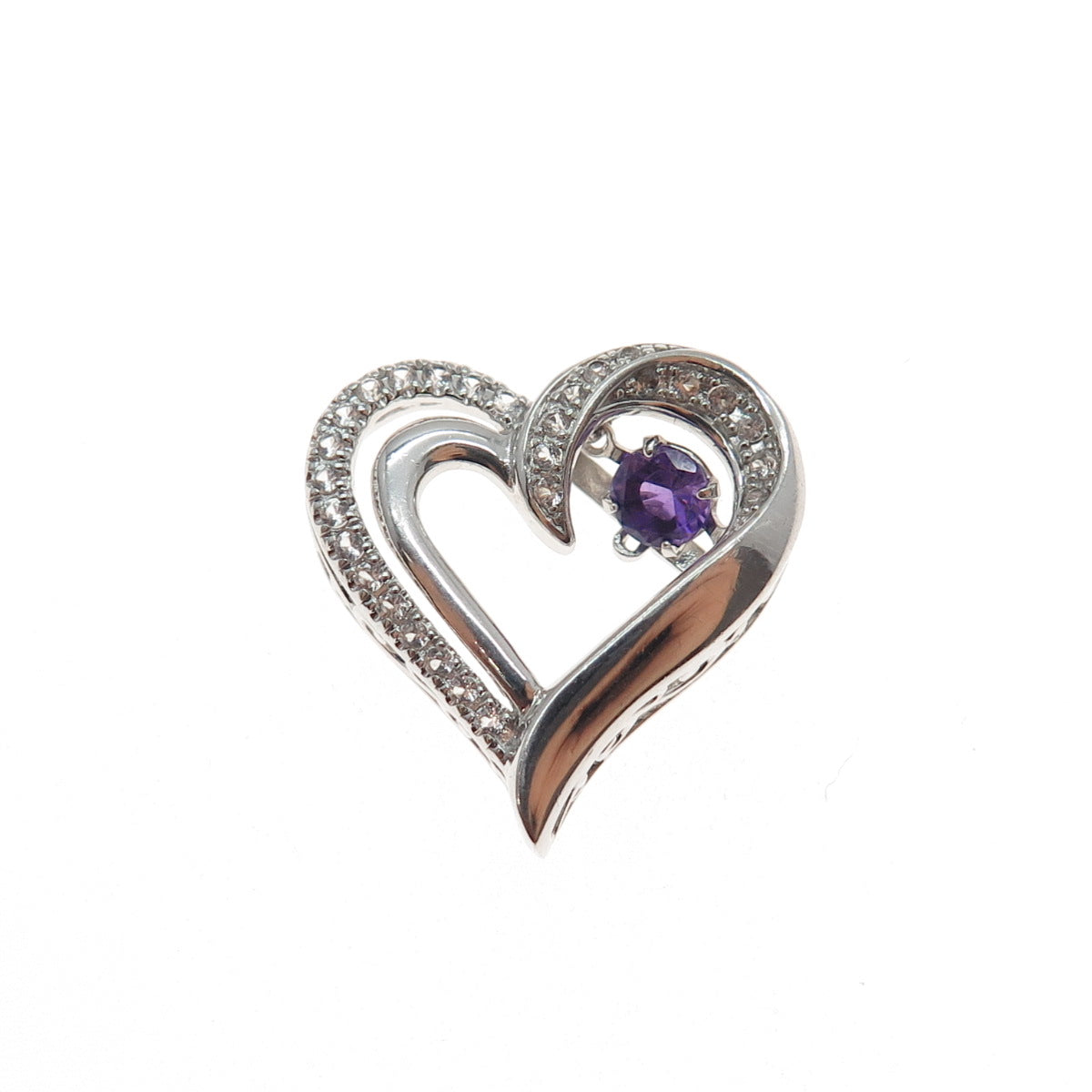 925 Sterling Silver Real Amethyst & White Topaz Heart Mini Slide Charm Pendant