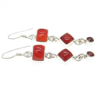 925 Sterling Silver Vintage Real Carnelian Gemstone Dangling Hook Earrings