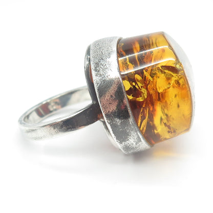 925 Sterling Silver Vintage Real Amber Modernist Ring Size 6.75