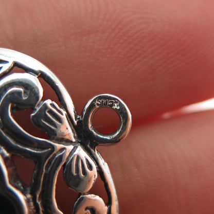 925 Sterling Silver Vintage Real Malachite Floral Heart Charm Pendant