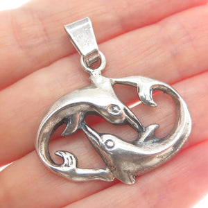 925 Sterling Silver Vintage Couple of Dolphins Friendship Oxidized Pendant