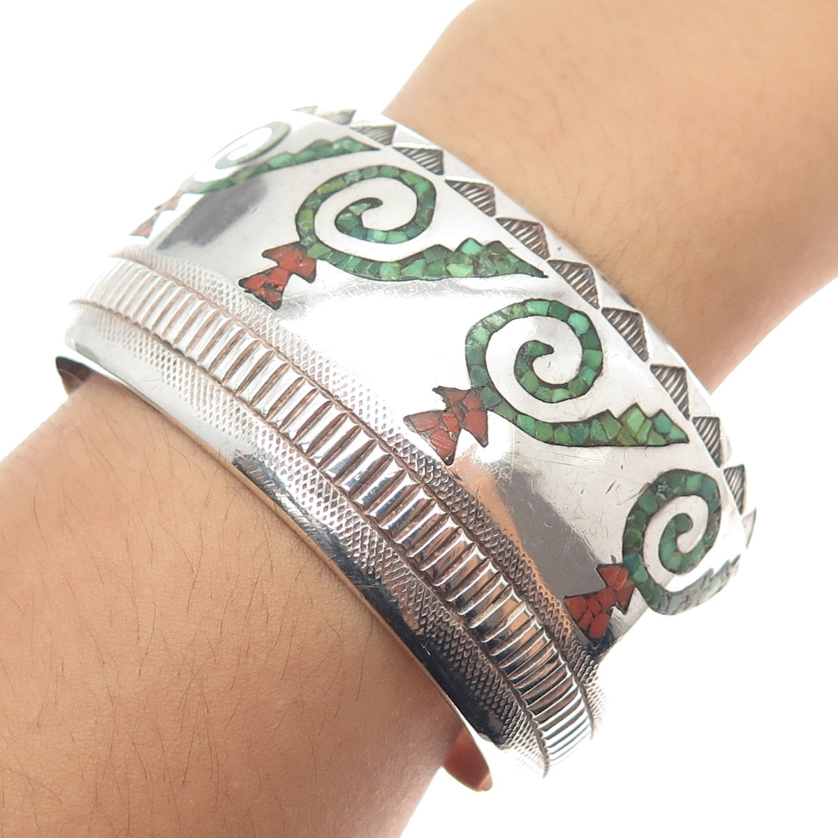 ALLEN CHEE NAVAJO Old Pawn 925 Sterling Silver Turquoise Coral Inlay Bracelet 7"
