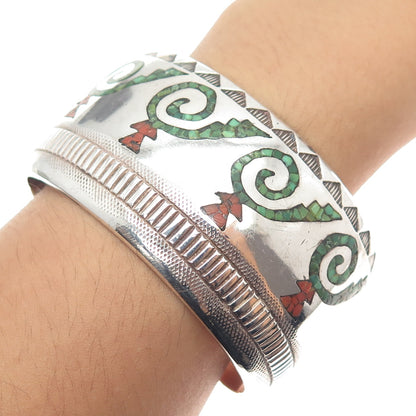 ALLEN CHEE NAVAJO Old Pawn 925 Sterling Silver Turquoise Coral Inlay Bracelet 7"