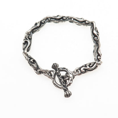 925 Sterling Silver Vintage Mexico Modernist Scroll Oxidized Link Bracelet 6.75"