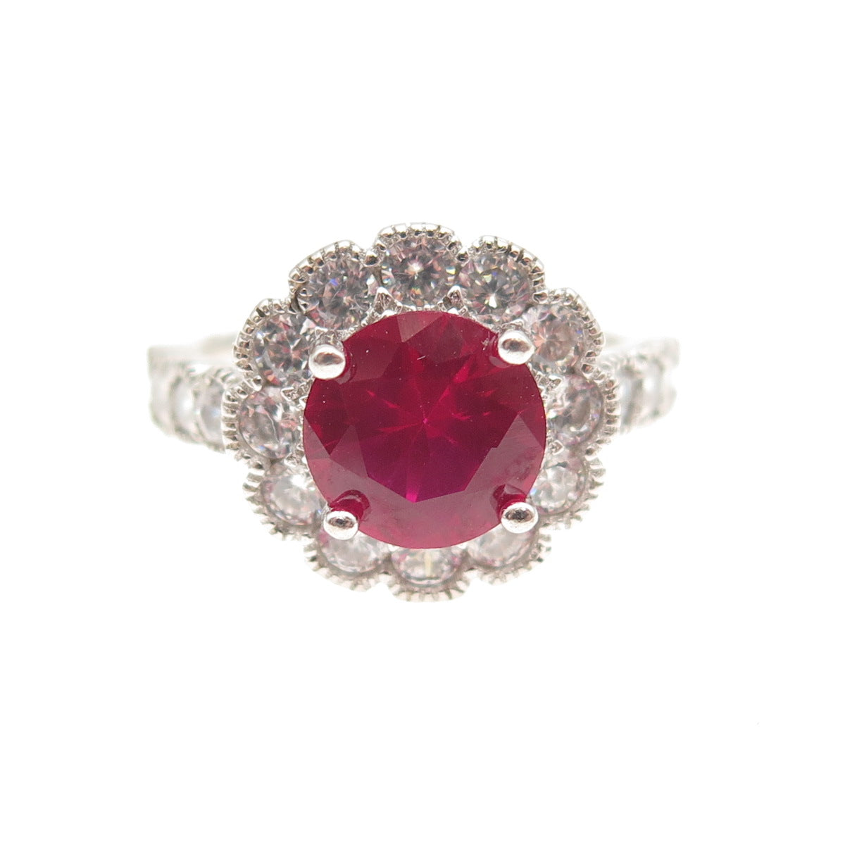 925 Sterling Silver Vintage Round-Cut Lab-Created Ruby & C Z Ring Size 7