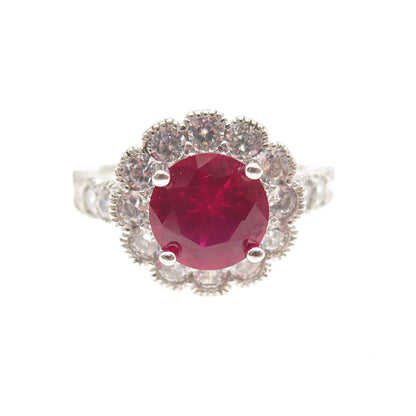 925 Sterling Silver Vintage Round-Cut Lab-Created Ruby & C Z Ring Size 7