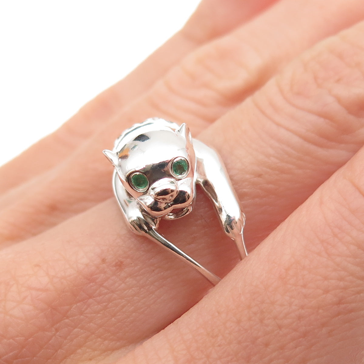 Nevada 925 Sterling Silver Vintage Real Emerald & C Z Panther Ring Size 8.25