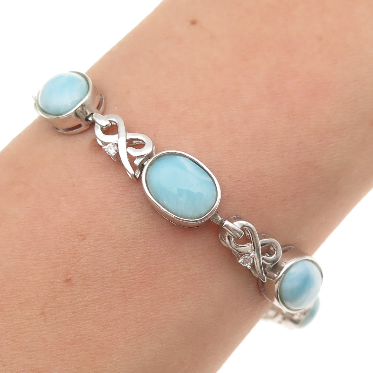 JH YOUNG 925 Sterling Silver Real Larimar & C Z Infinity Link Bracelet 7.75"