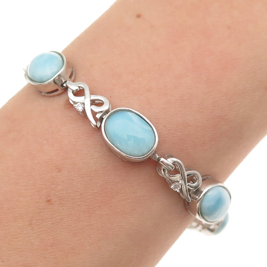 JH YOUNG 925 Sterling Silver Real Larimar & C Z Infinity Link Bracelet 7.75"