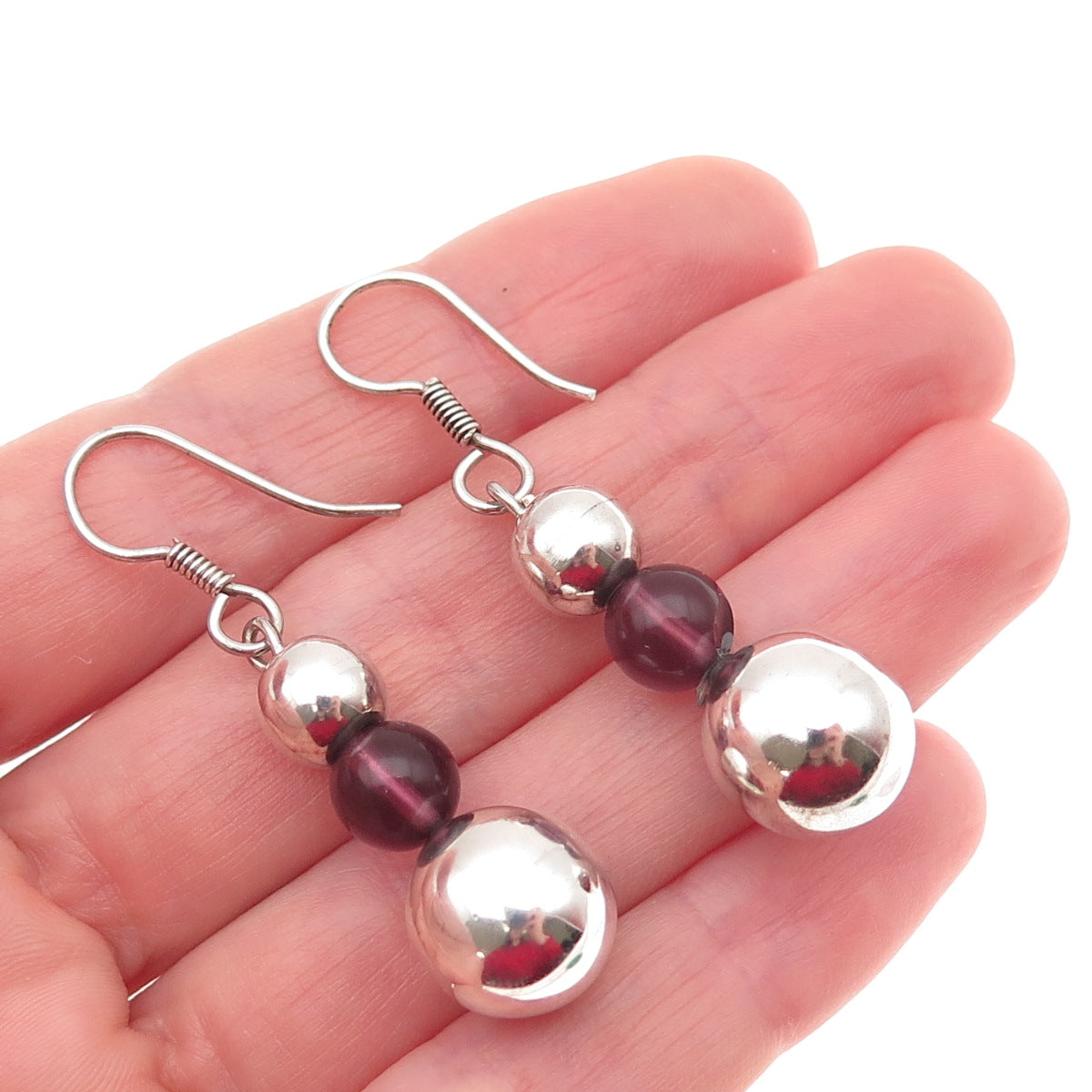 925 Sterling Silver Vintage Real Tourmaline Ball Beaded Dangle Earrings
