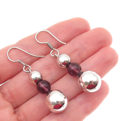 925 Sterling Silver Vintage Real Tourmaline Ball Beaded Dangle Earrings