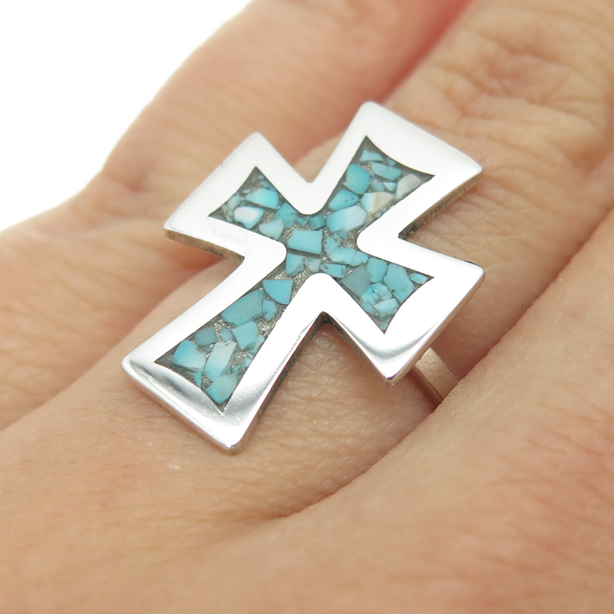 925 Sterling Silver Vintage Real Turquoise Inlay Cross Ring Size 5.75