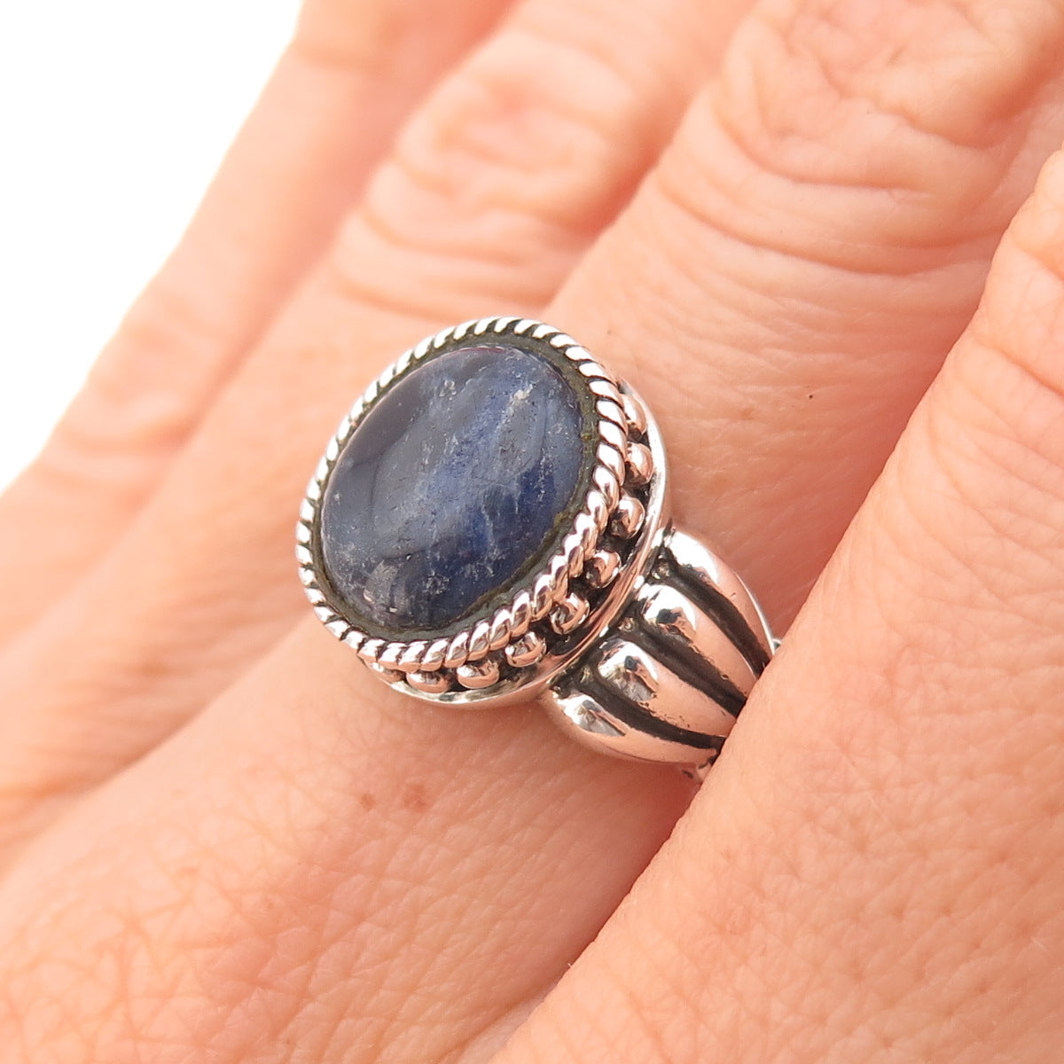 925 Sterling Silver Vintage Real Sodalite Beaded Oxidized Ring Size 7