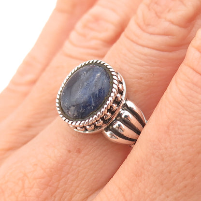 925 Sterling Silver Vintage Real Sodalite Beaded Oxidized Ring Size 7