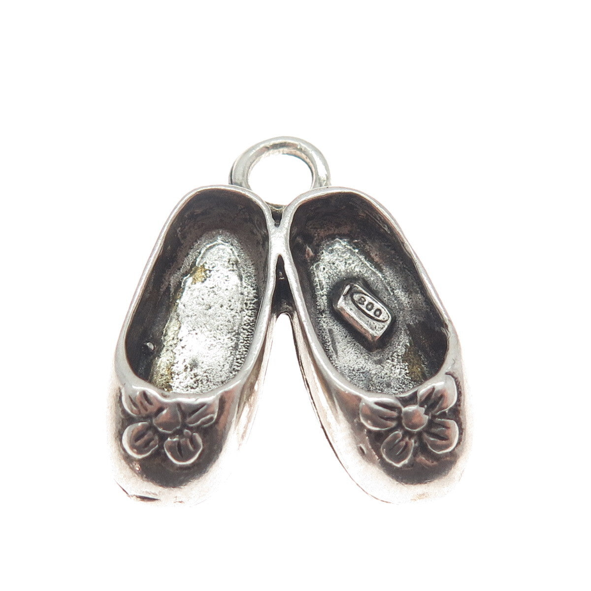 800 Silver Vintage Shoe Slippers Flower Pendant