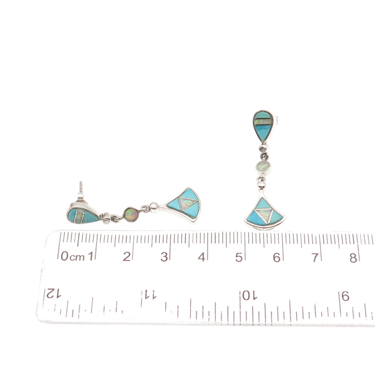 Old Pawn 925 Sterling Silver Vintage Turquoise & Opal Tribal Dangle Earrings