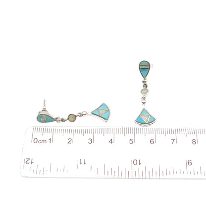 Old Pawn 925 Sterling Silver Vintage Turquoise & Opal Tribal Dangle Earrings