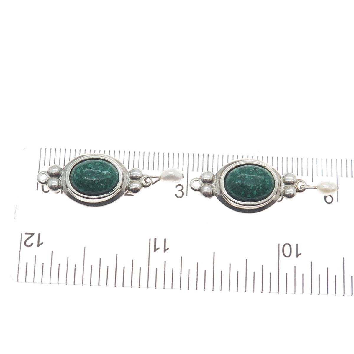 COLEMAN CO. Sterling Silver Vintage Real Malachite Inlay & Pearl Jacket Earrings