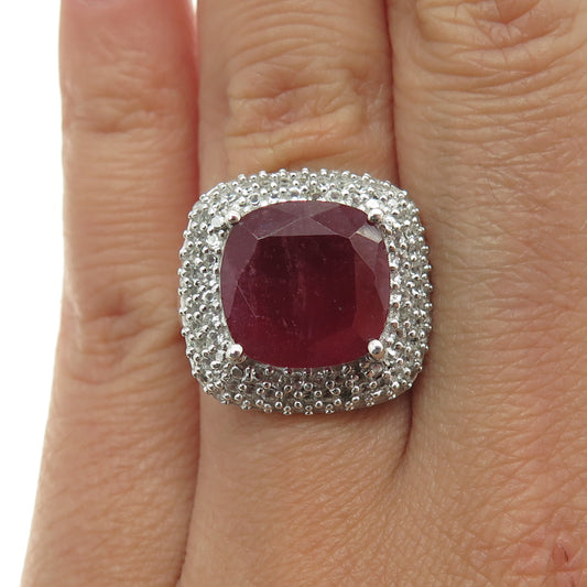 925 Sterling Silver Real White Topaz & Ruby Gemstone Ring Size 6