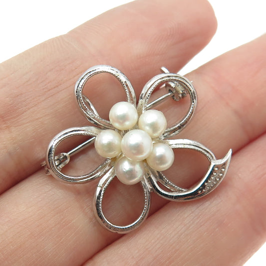 925 Sterling Silver Antique Art Deco Real Pearl Floral Pin Brooch / Pendant