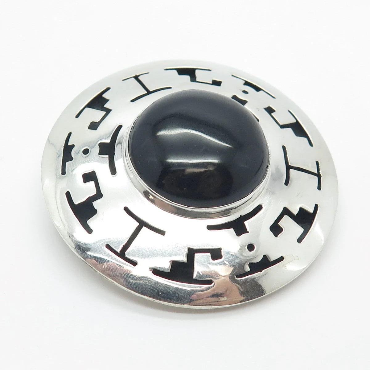 925 Sterling Silver Vintage Mexico Real Black Onyx Gem Maze Pin Brooch / Pendant