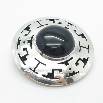 925 Sterling Silver Vintage Mexico Real Black Onyx Gem Maze Pin Brooch / Pendant