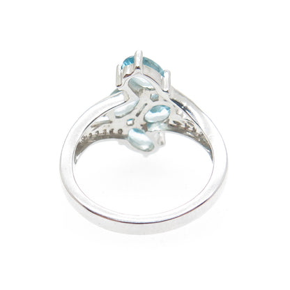 925 Sterling Silver Real Oval-Cut Blue & Round-Cut White Topaz Ring Size 6