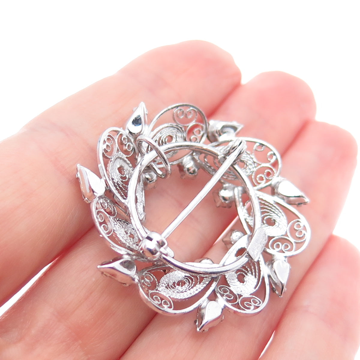 CARL ART 925 Sterling Silver Antique Rhinestone Filigree Pin Brooch / Pendant