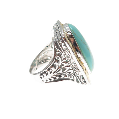 925 Sterling Silver 2-Tone Vintage Real Tyrone Turquoise Hammered Ring Size 6