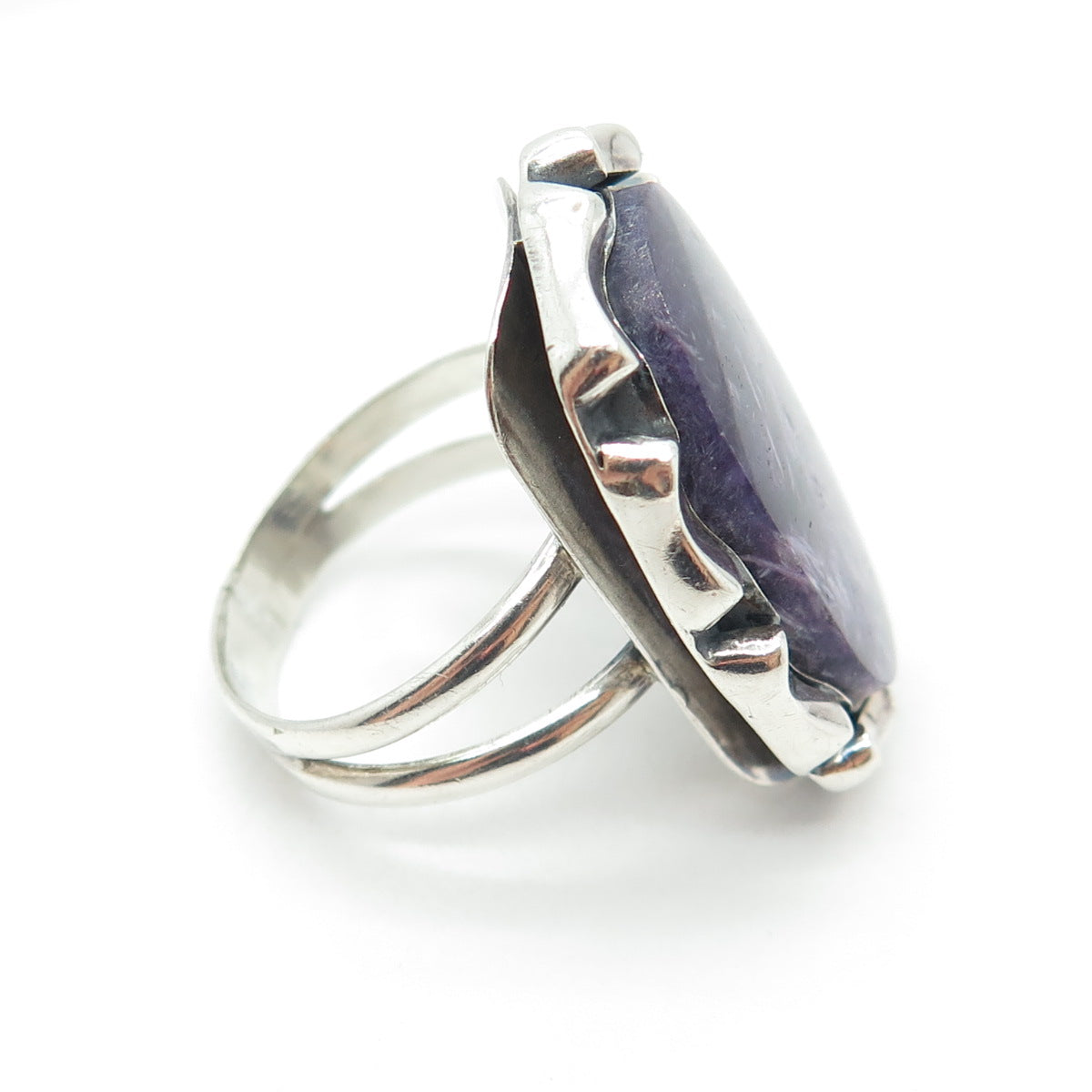 925 Sterling Silver Vintage Real Charoite Gemstone Modernist Ring Size 10.5