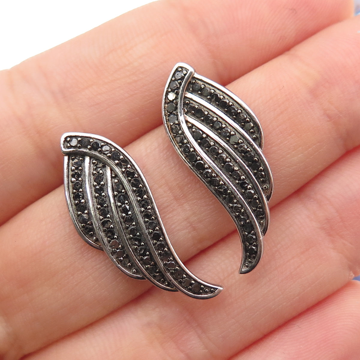 925 Sterling Silver Real Round-Cut Black Diamond Angel Wings Earrings